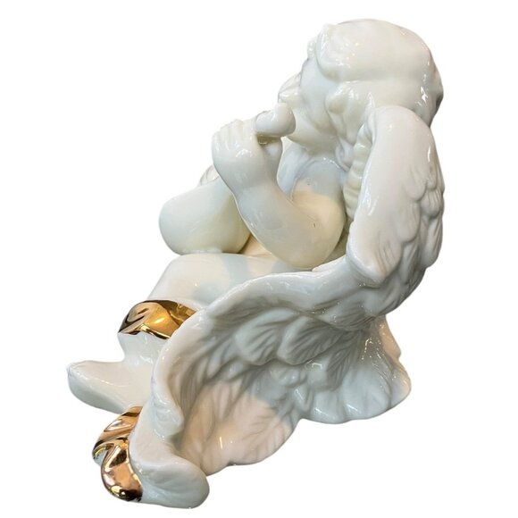 VTG Porcelain White Cherub Angel 24K Gold Sash Playing Harp Sculpture/ Figurine - Picture 10 of 14